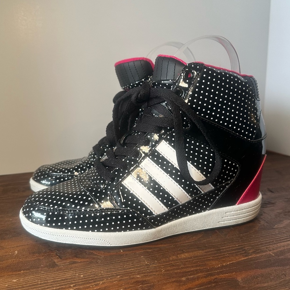 adidas Black White Polka Dot High-Top Sneakers with Pink Trim - Picture 2 of 9
